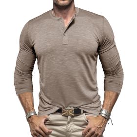 Men's Long-sleeved Henry Collar T-shirt (Option: Khaki-S)