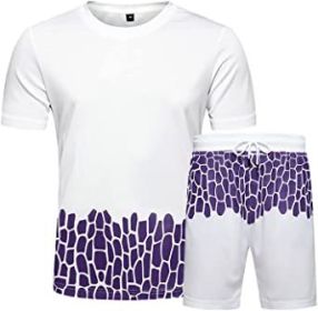 Men's Casual Crack Pattern Suits Fashion Short Sleeve T-Shirt And Shorts Loose Two-Piece Sets (Color: WHITE-S)