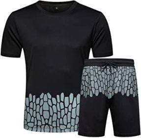 Men's Casual Crack Pattern Suits Fashion Short Sleeve T-Shirt And Shorts Loose Two-Piece Sets (Color: BLACK-S)