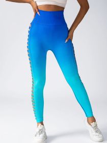 Women's High-Waisted Gradient Yoga Pants, Cutout Leggings, Booty Lifting, Athletic Long Tights For Fitness Workout, Breathable Sportswear (Color: Blue, size: L)