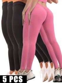 5 Pack Women's Solid Color Hip-raising High-waisted V-back Waist Seamed Yoga Fitness Tights (Color: 5PACK5, size: XL)