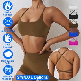 1Pc/3Pcs Women Cross Back Sport Bras Padded Strappy Crop Open Back Low Impact Bras Sexy Fitness Tank Tops (Color: 1PcBrown, size: XL)